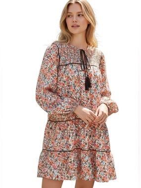 Fashion Gossip Boho Floral Long Sleeve Peasant Tunic with Tassel Dress Size M/L